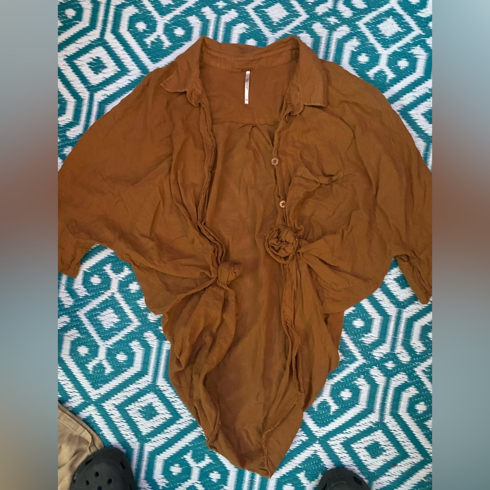 Free People Brown Asymmetrical Button Down Shirt